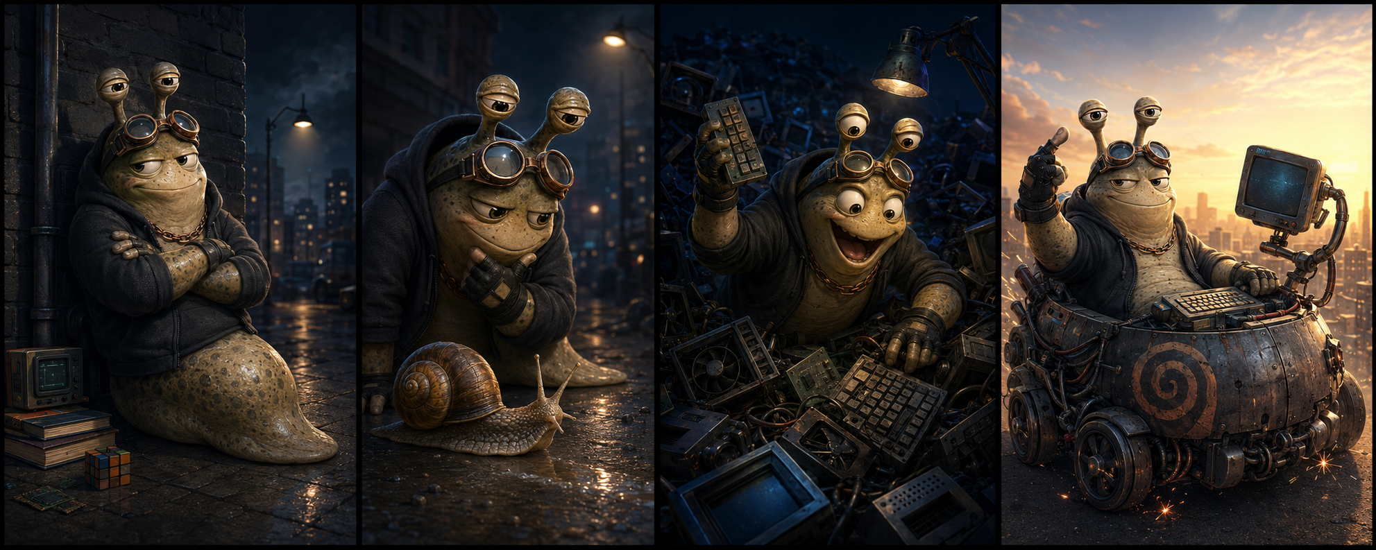 Four scenes showing S.T. seeing a snail, searching a scrapyard, and building his first shell